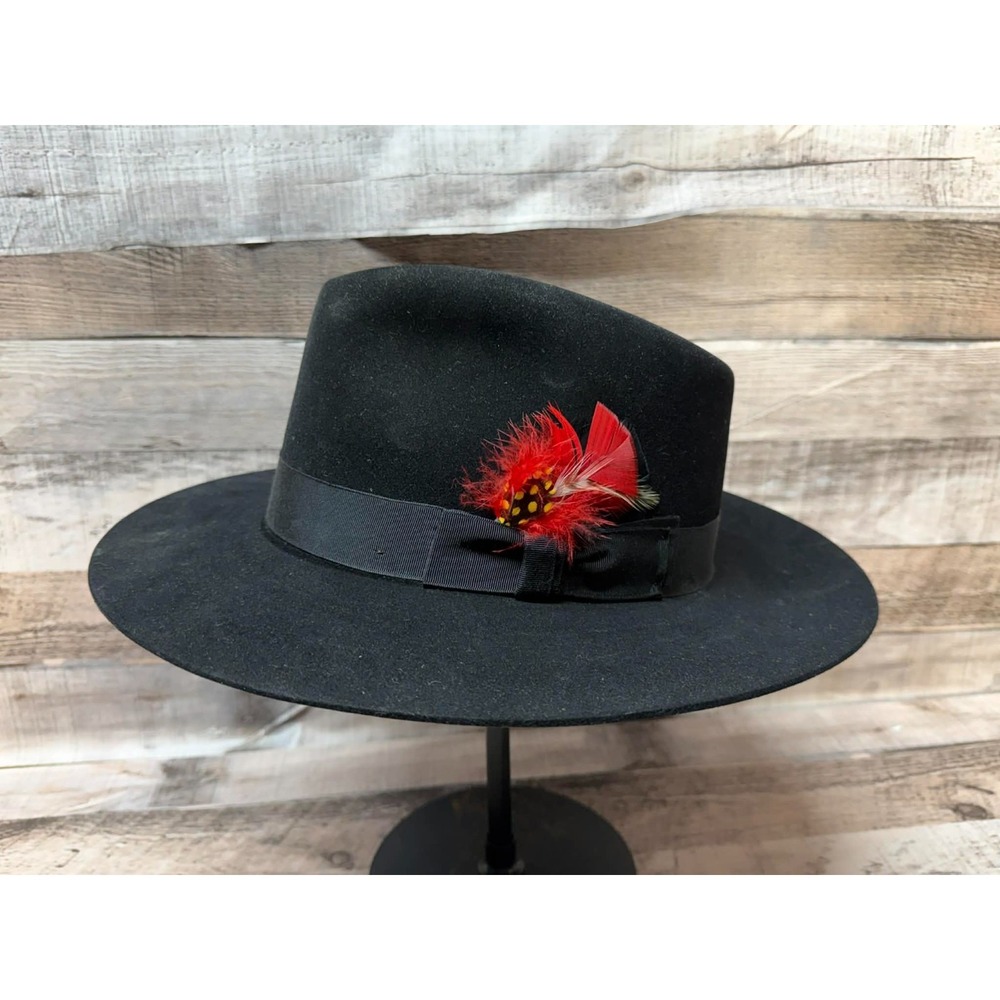Millers‎ Cowboy Hat Made by Imperial Stetson Black Leather Red Feather Sz 7 1/8